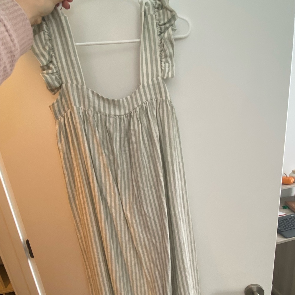 Floor length blue and white dress
